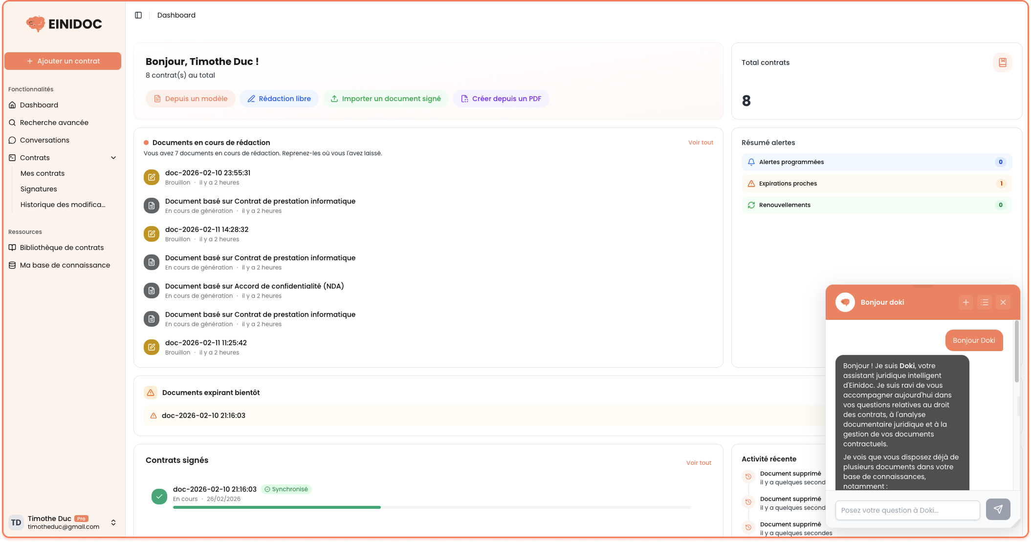 Aperçu du tableau de bord Einidoc pour la gestion de contrats